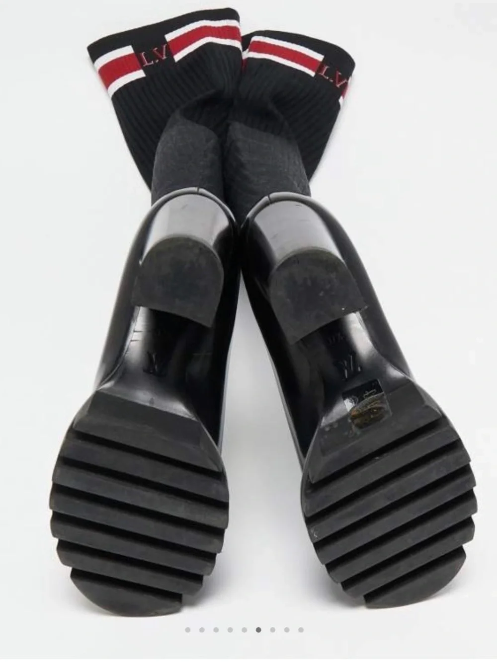Louis Vuitton Black Over-the-Knee Platform Sock Boots with Red & White Cuff